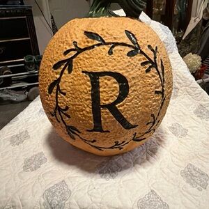Old Time Pottery Orange Pumpkin Decor with Black Letter R